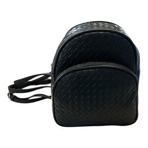 Black Woven Mini Backpack Textured Faux Leather Gold Zip Dual Compartment Purse